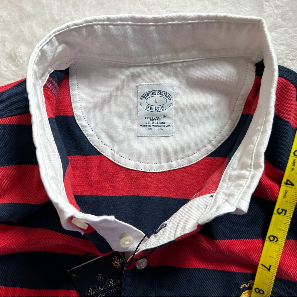 Brooks Brothers Red and Navy Striped Polo Shirt Supima Cotton NWT Size Large - Picture 12 of 16